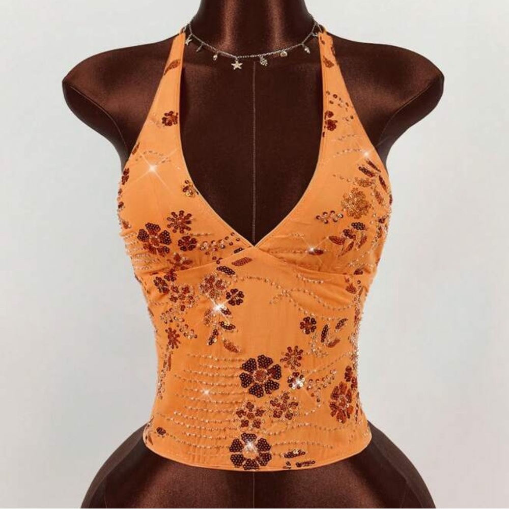 Peppermayo Orange Floral Sequin Tank Top